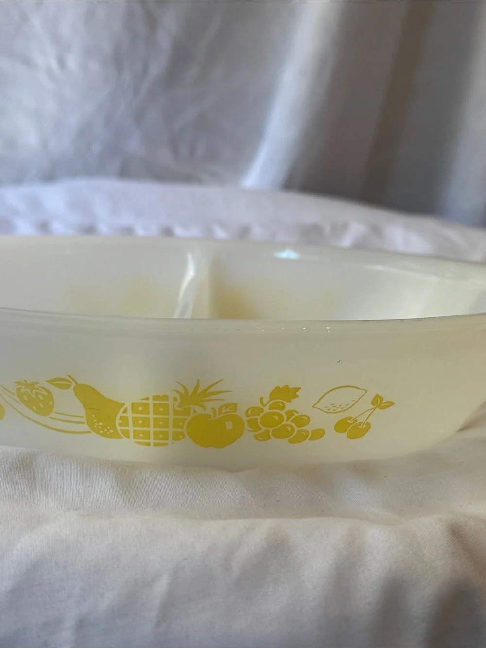 1950’s Glasbake Milk Glass Baking Dish with “Fruit Bounty” Design
